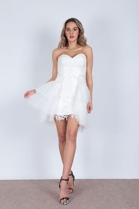 Kadın Beyaz Dantel Detaylı Tütülü Elbise DKHC-1