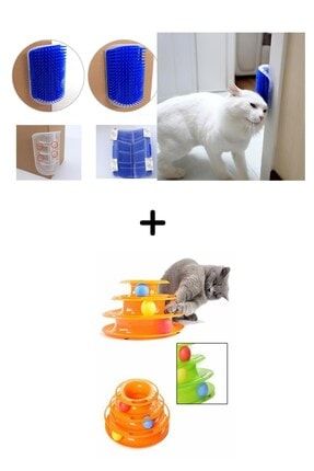 Eğlenceli Üç Katlı Kedi Oyuncağı Seti Oyuncağı Ve Pratik Kedi Tüyü Kaşıma Ve Tarama Aparatı SET1015