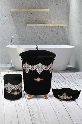 Siyah Kadife Banyo Seti Çeyizlik Dantelli Banyo Kirli Çamaşır Sepeti Seti 3 lü GoldenBanyoSeti