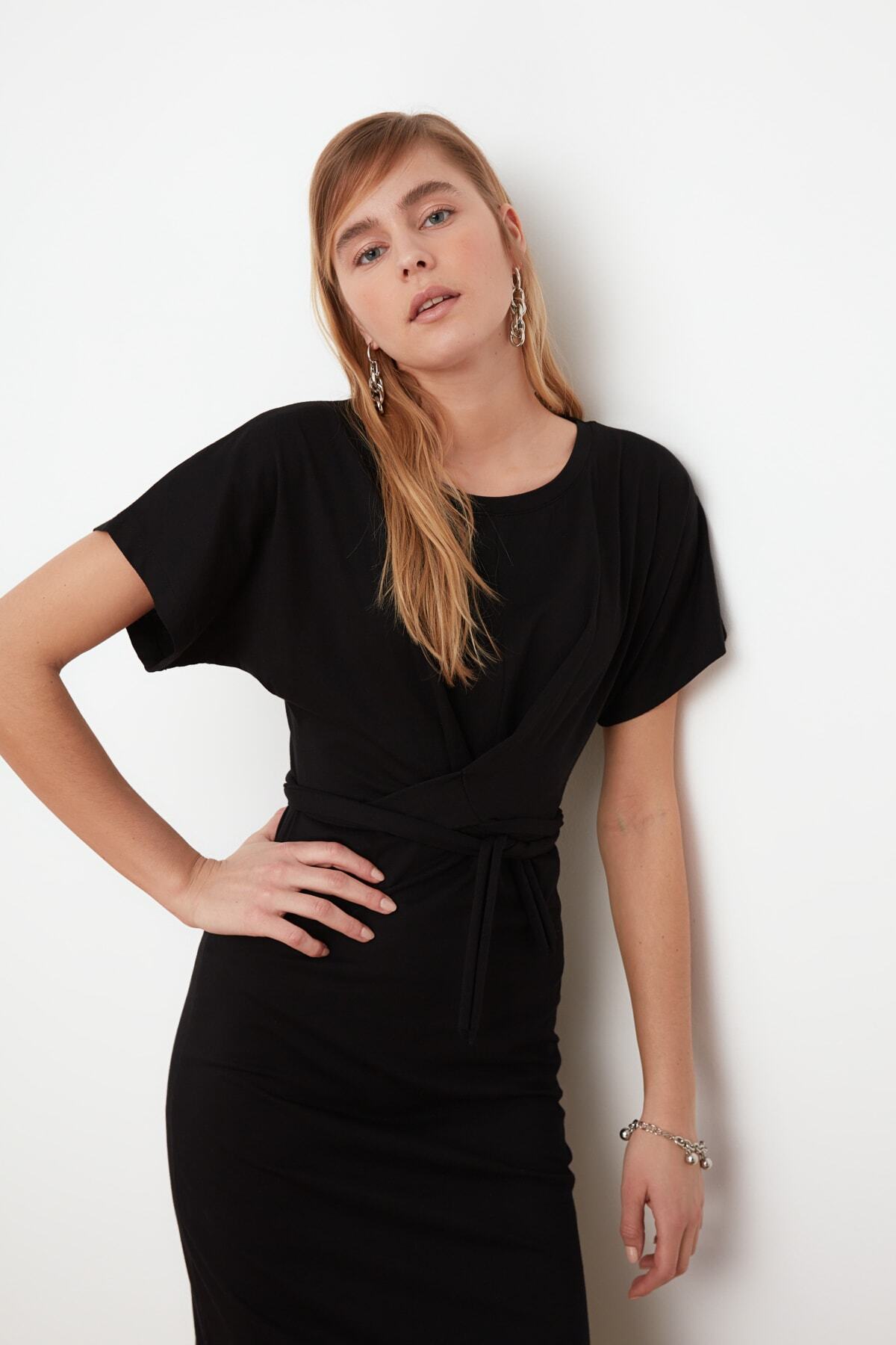 Trendyol Collection-Μαύρο 100% βαμβακερό midi πλεκτό μολύβι φόρεμα με σκίσιμο και δέσιμο TWOSS21EL0404 5