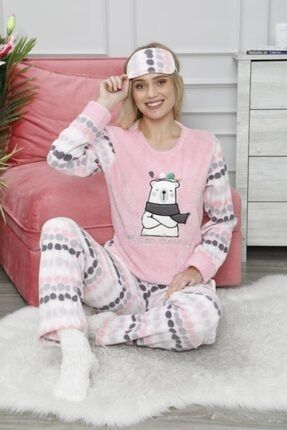 Kadın Pembe Ayıcık Desenli Peluş Pijama Takımı pelus3
