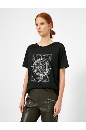 Kadın Siyah Baskili T-Shirt 0YAK13356EK