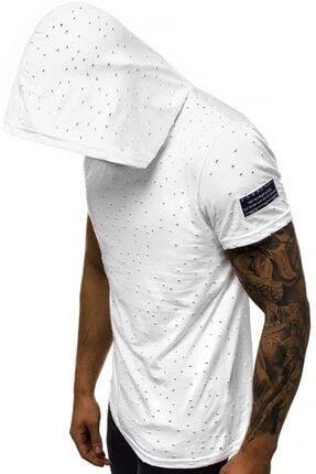 Erkek Beyaz Yırtık Detaylı Kapüşonlu T-Shirt 3069