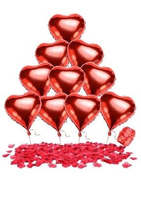 Sevgililer Günü Kalp Folyo Balon Kırmızı 10 Adet+1000 Adet Yapay Gül Yaprakları + Balon Ipi 10 m 11402000lpyprkipkk300