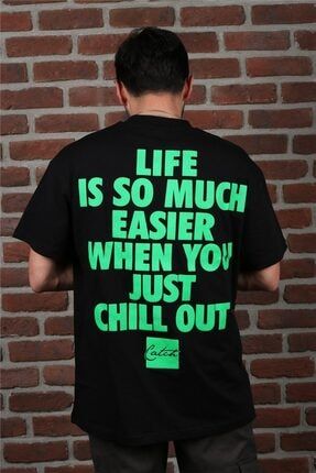Erkek Siyah Make Life Easy Sırt Baskılı Oversize T Shirt OTS10001