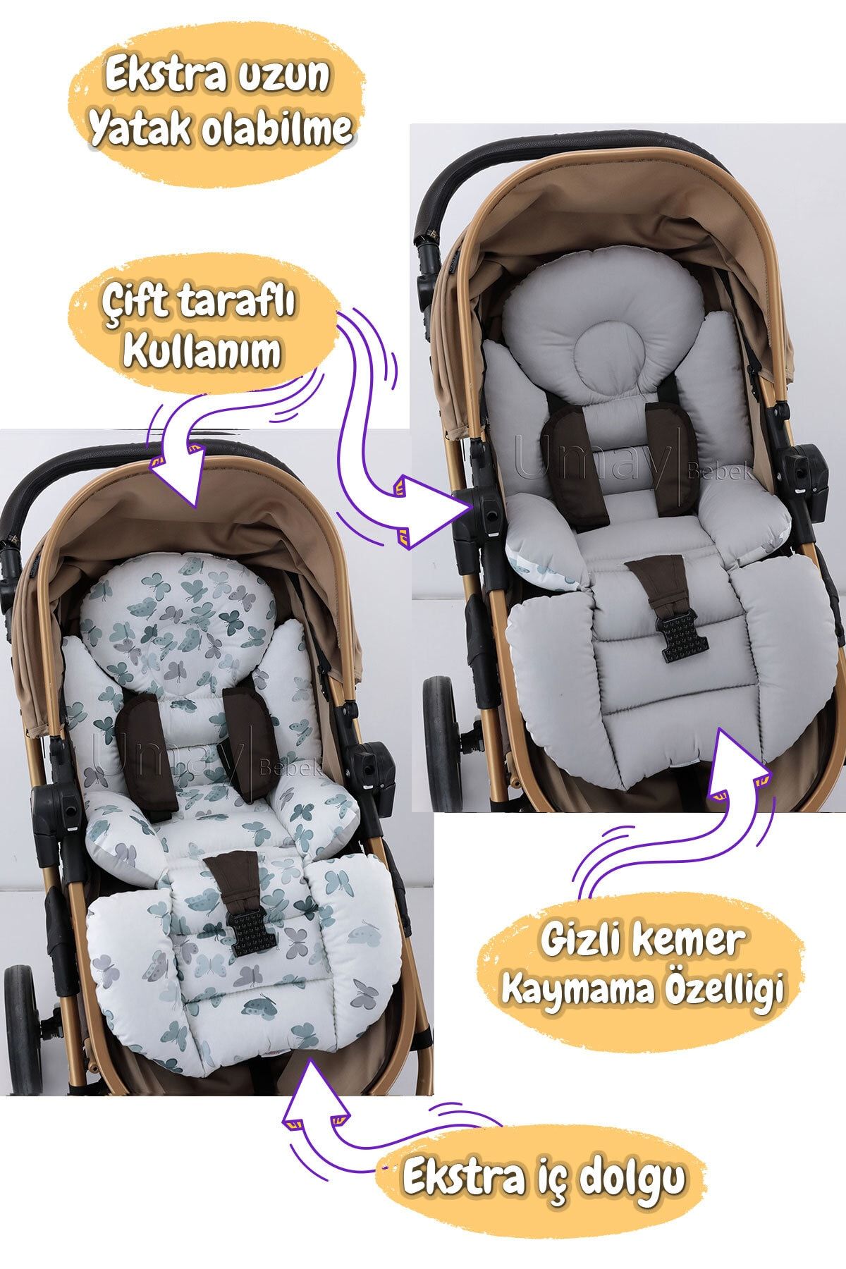 Umaybebek Ortopedik Bel Destekli Bebek Arabası Minderi, Pamuk Kumaş - Orijinal Ürün BY10810