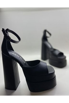 Siyah Deri Bilekten Bağlamalı Çift Platform Topuklu Sandalet TWS-CS17-02