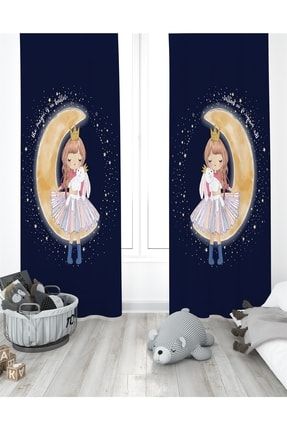 Lacivert Aydaki Tavşanlı Kız Desenli Çocuk Odası Perdesi ( Tek Kanat Fiyatlandırma ) evpanyakizperde01162