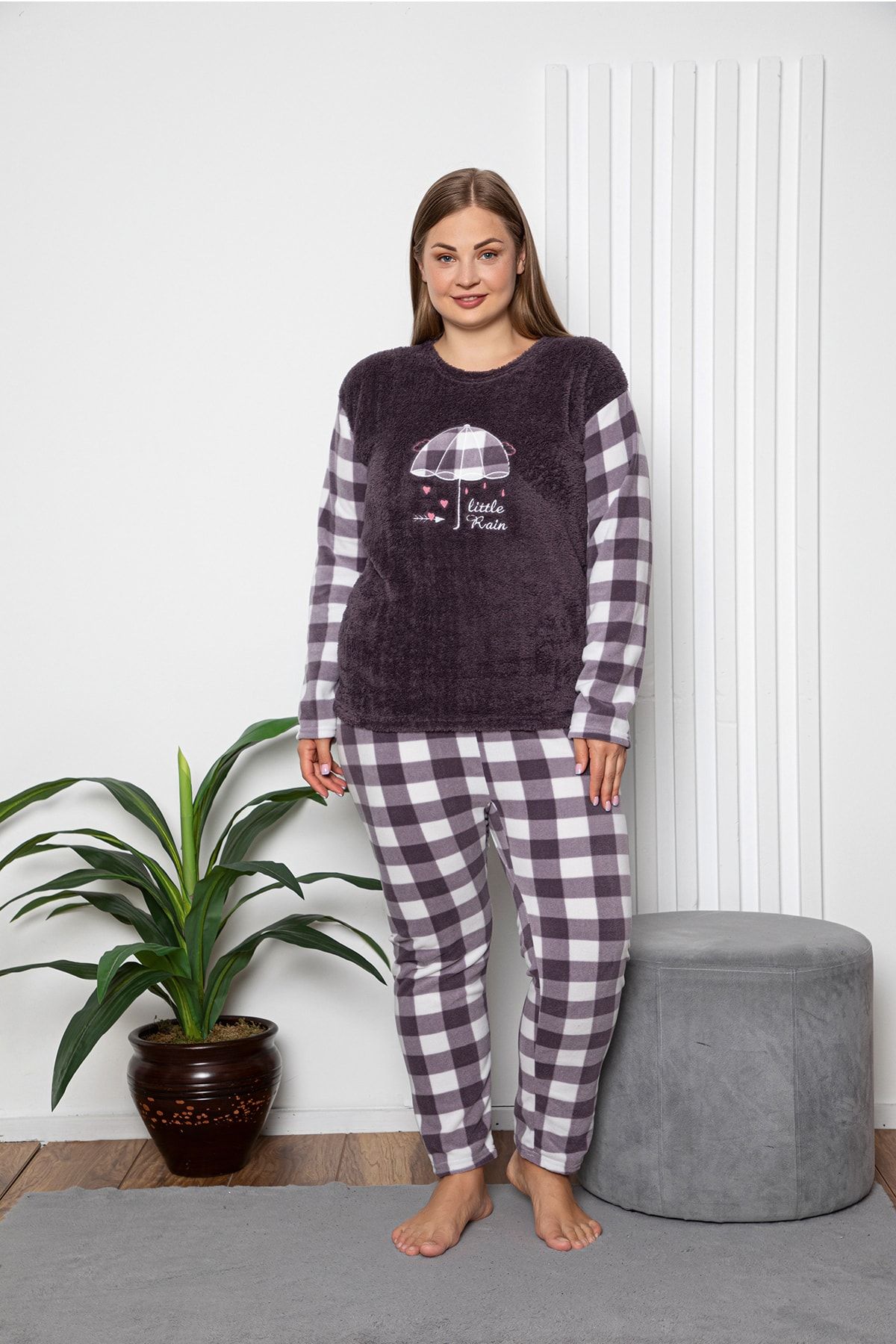 TAMPAP Women s Plus Size Fleece Pajama Set 600 Trendyol