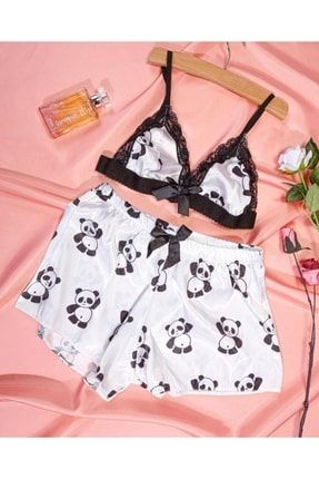 Dantelli Ip Askılı Büstiyerli Pijama Takımı Saten Şortlu Gecelik Takımı -siyah Beyaz Panda 1021
