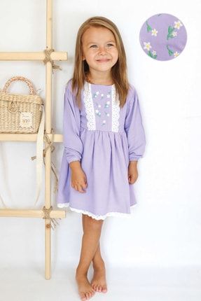 Dantel Detaylı Nakışlı Lila Kız Bebek Elbise T4825