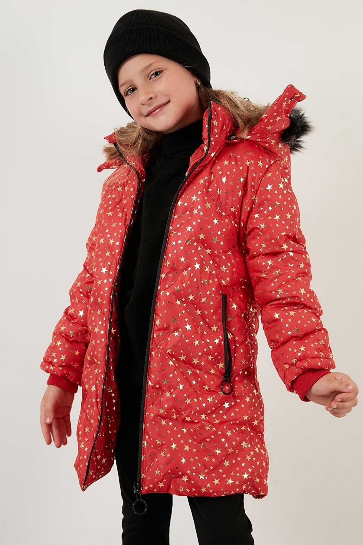  پالتو زمستانی دخترانه با یقه خز مصنوعی، طرح ستاره، کلاه جداشدنی و آستر مخمل 7028