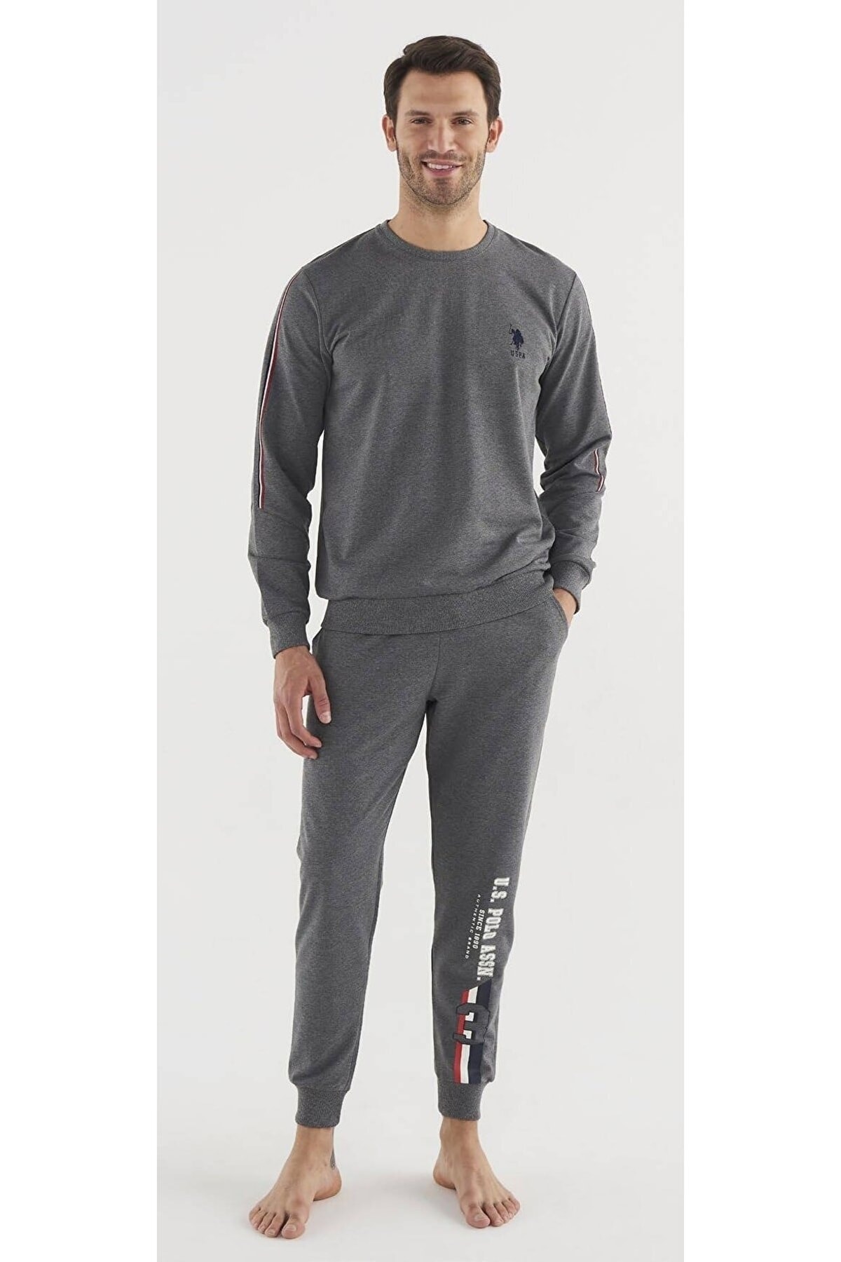 U.S. Polo Assn. Erkek Yazı Baskılı Armalı Spor Ev Giyim Takımı, Uzun Kol Iki Iplik Erkek Pijama Takım