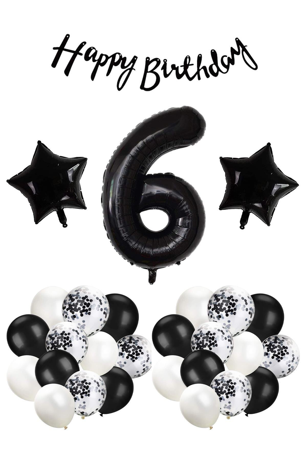 Patladı Gitti Siyah Konsept 6 Yaş Doğum Günü Kutlama Seti; Beyaz Siyah Konfetili Balon, Rakam Yıldız Folyo Ve Bann