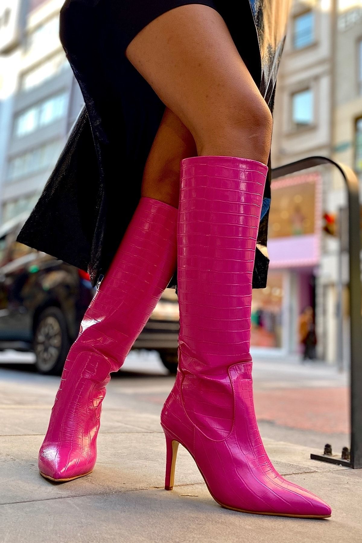 Pink leather knee high boots new arrivals