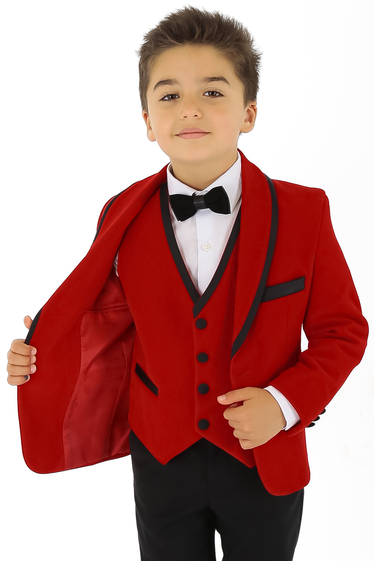  جلیقه، شلوار، 3 تکه، کت و شلوار مخمل قرمز پسرانه