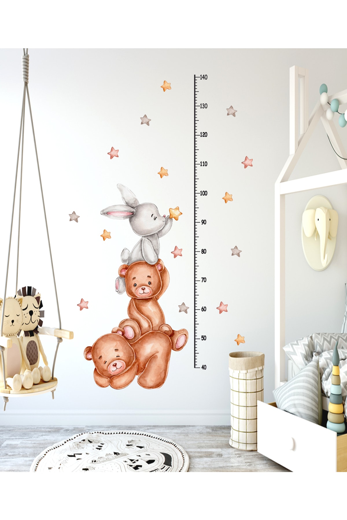 Sticker Sepetim Duvar Sticker - Sevimli Ayıcıklar, Tavşan Ve Yıldızlar Çocuk Odası Boy Ölçer Cetvel Duvar Dekoru fotoğrafı 5 (önizleme)