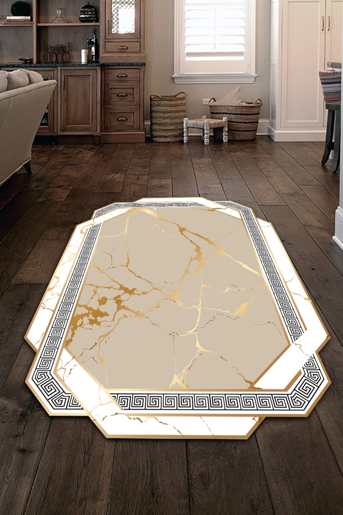 ESTA HALI Gold Mermer Desenli Lazer Kesim Halı (makinada Yıkanabilir Kaymaz Dot Taban) - Esta1368