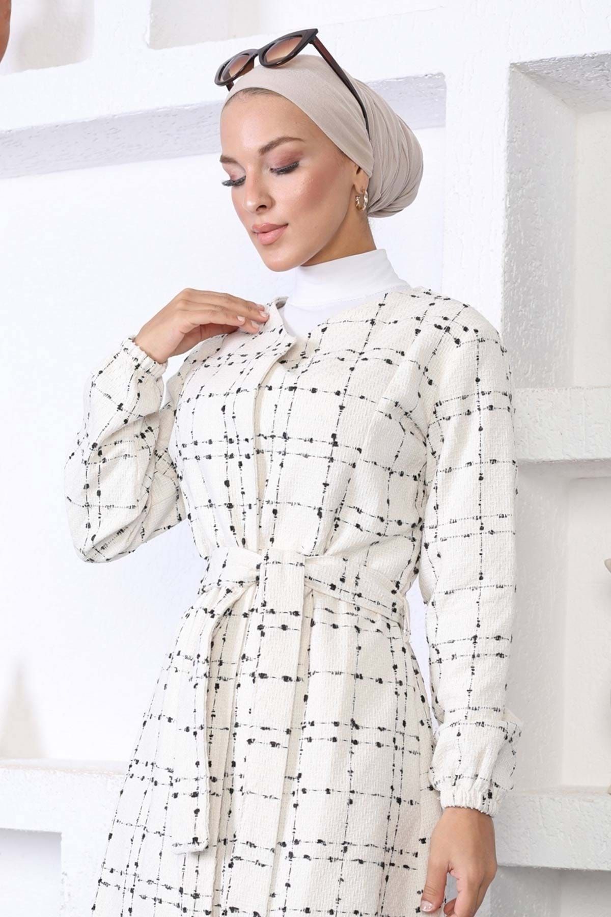 Modamihram-White Stamp Coat - Belted, MİH10768 2