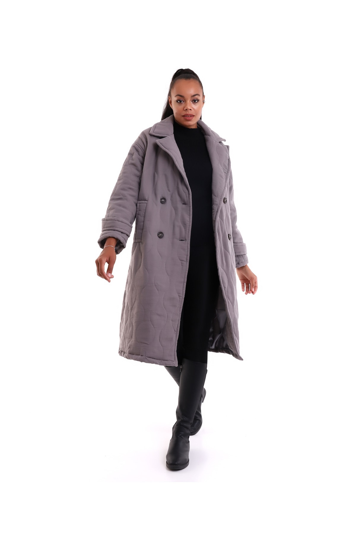 HANIQA  Kadın Gri Dokuma Kaban 1079 - Görsel 2