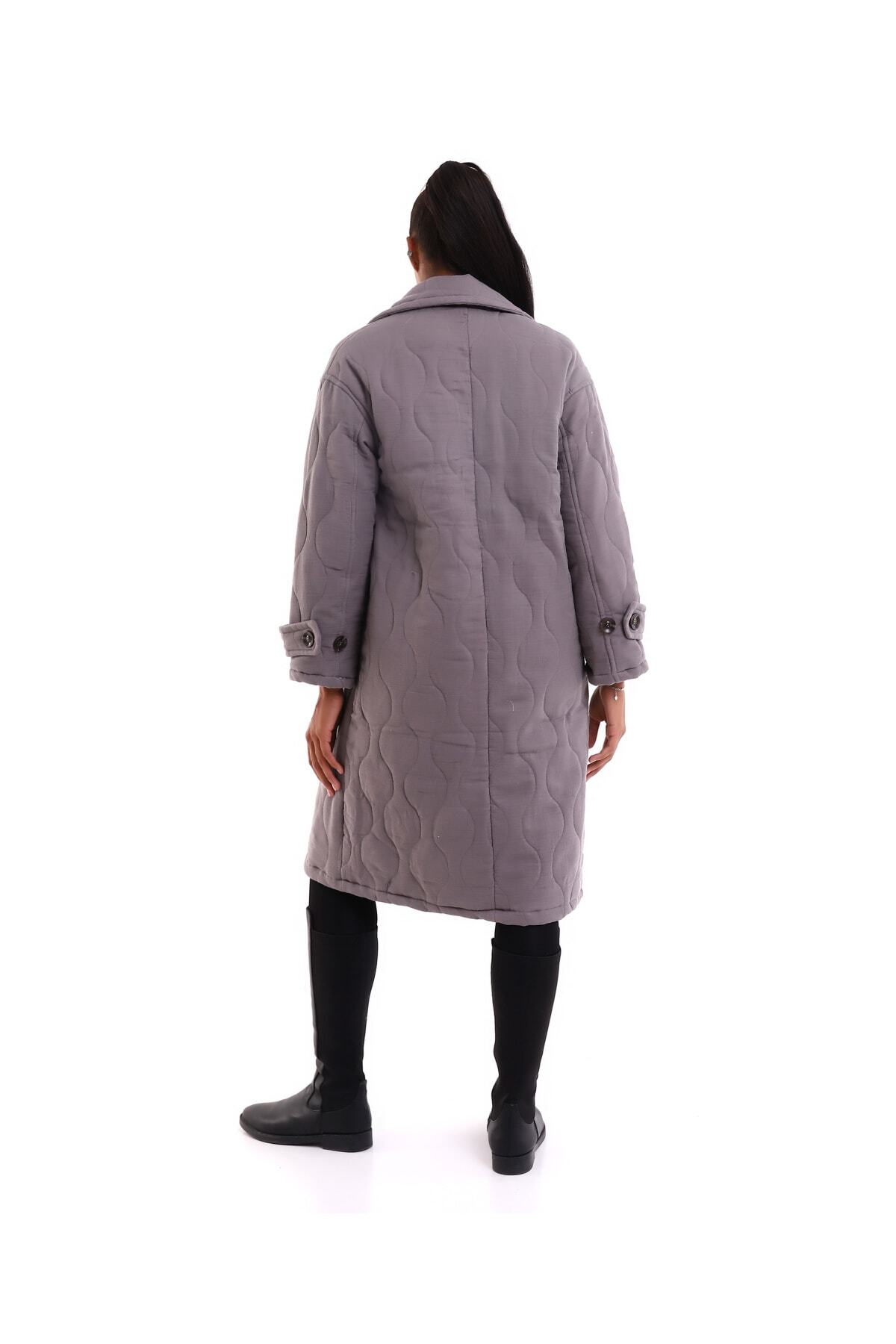 HANIQA  Kadın Gri Dokuma Kaban 1079 - Görsel 6