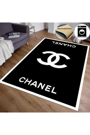 Siyah Zemin Beyaz Şerit Deri Tabanlı Chanel Marka Halı EM101