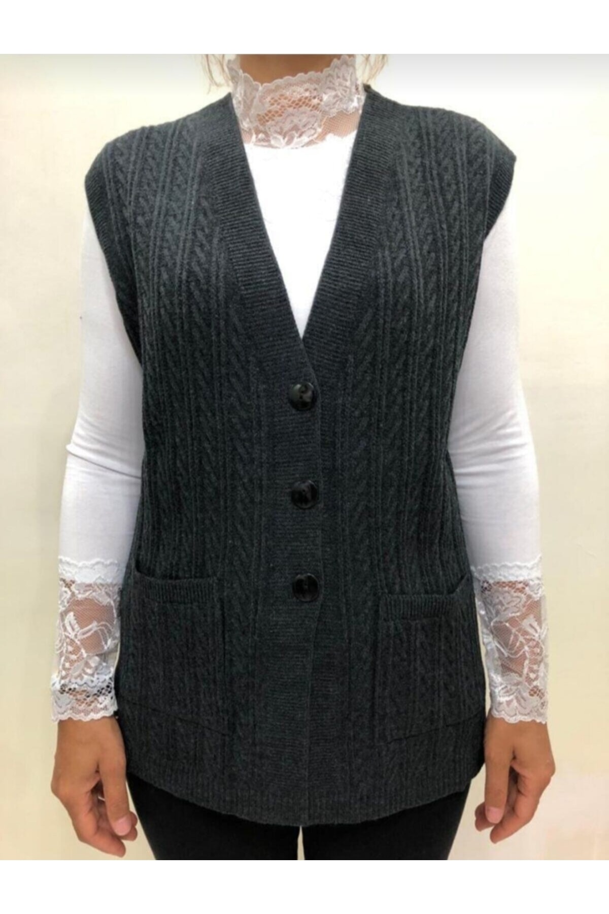 Ön-Er Giyim Cepli Düğmeli Kışlık Desenli Yün Anne Yeleği