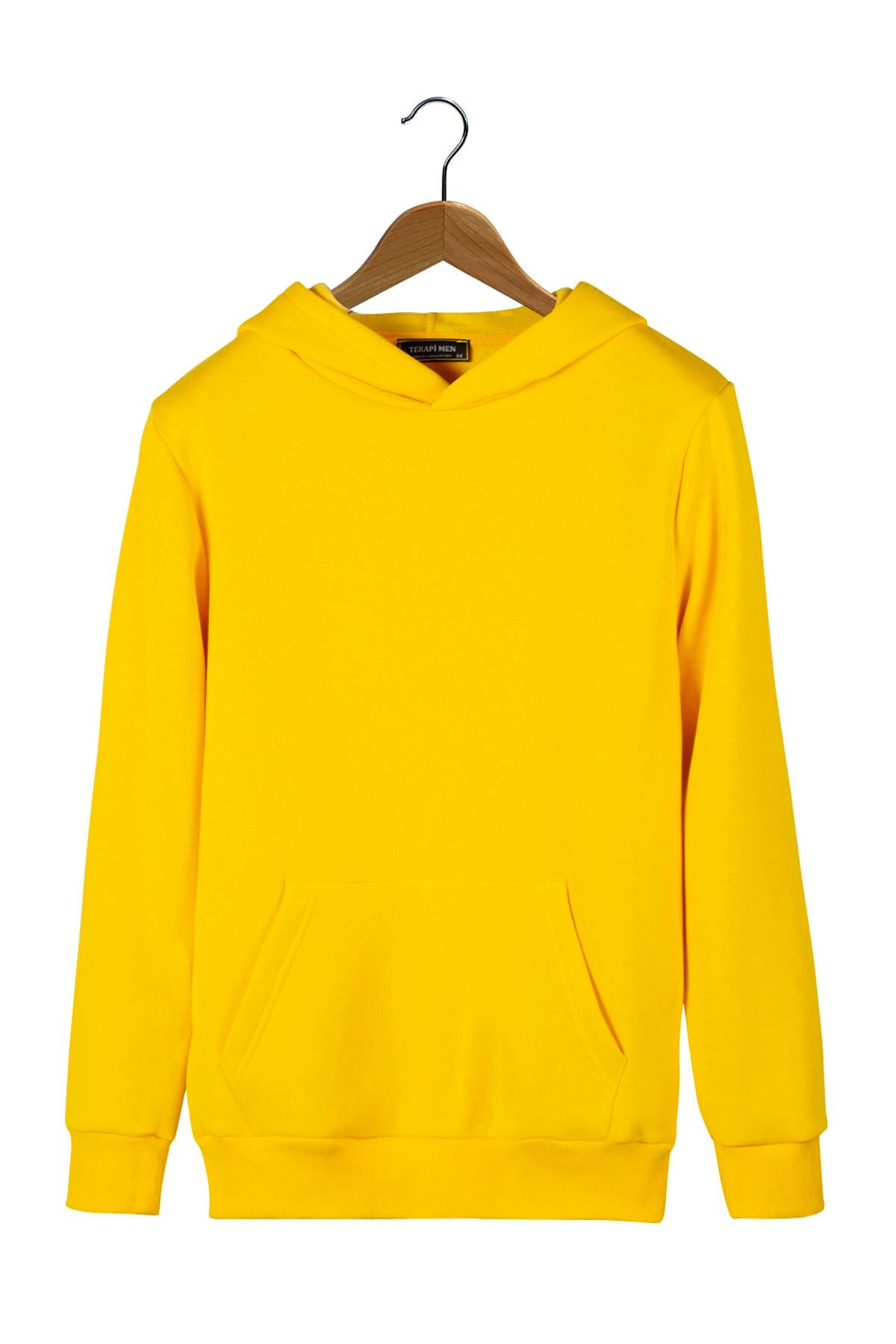 BUCADO Unisex Yellow Oversize Thick Three Thread Ribbed Hooded Basic Sweatshirt