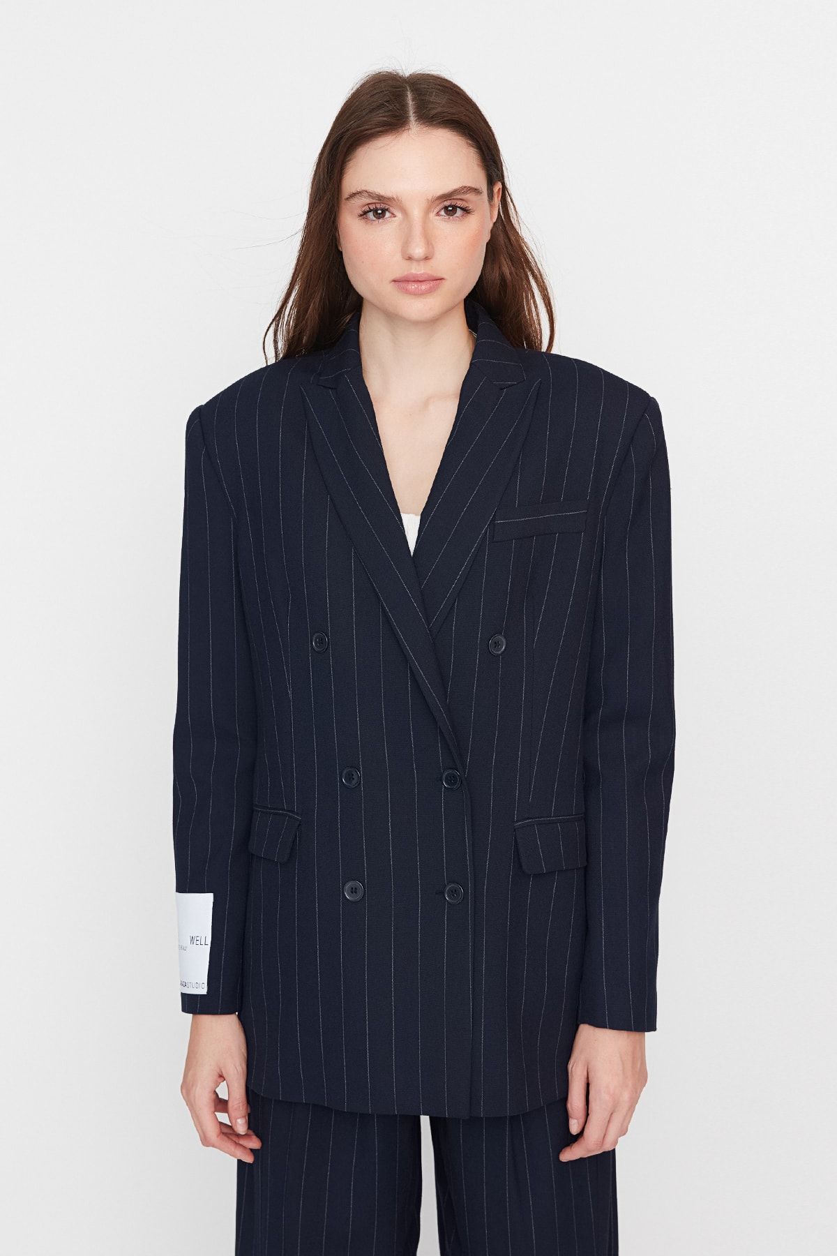 Trendyol Collection-Sagaza Studio Navy Blue pruhovaná tkaná bunda – dvojité zakrytí, TPRAW23CE00025 4