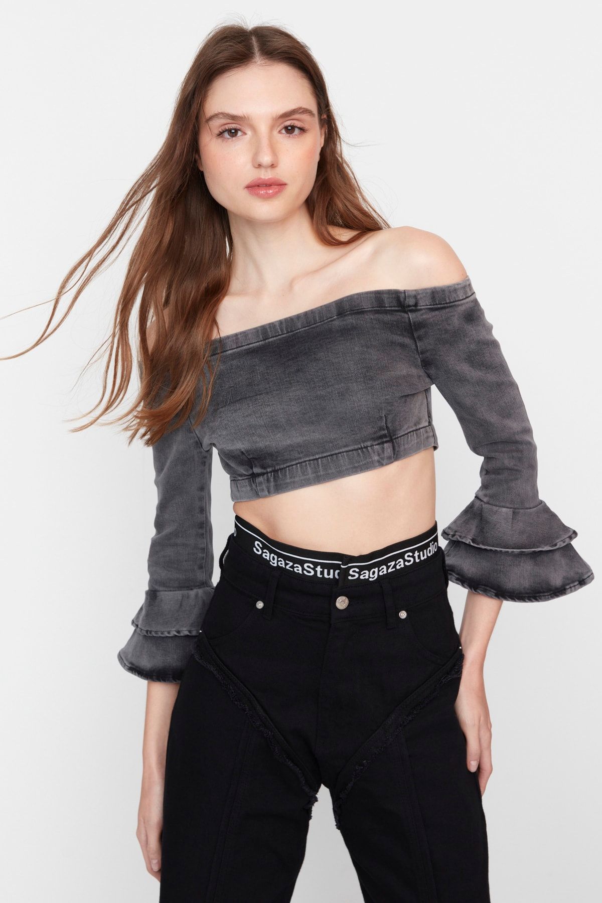 Trendyol Collection Bluse Grau Figurbetont