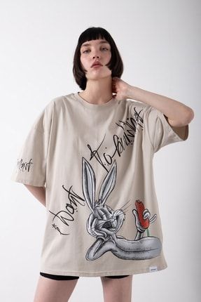 Oversize Bugs Bunny Baskılı Pamuklu T-shirt Duman WM1729