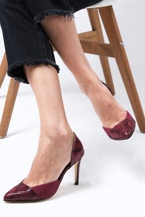 Brien Bordo Renk Süet Ve Yılan Desen Kombinasyonlu Kadın Stiletto Topuklu Ayakkabı 02027WRC