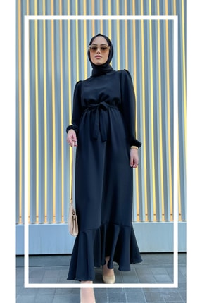 Siyah Krep Elbise Volanlı SUNSET001