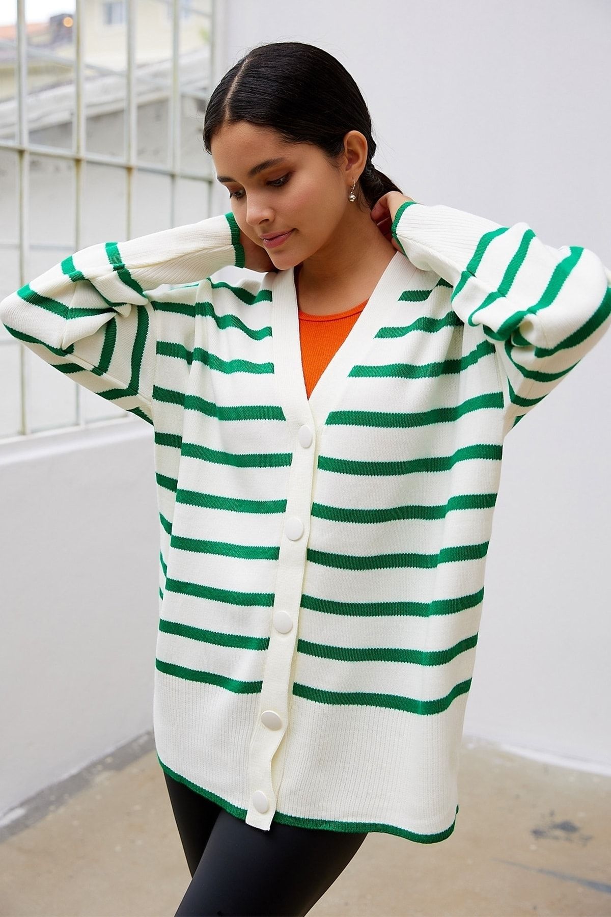 Green and white striped cardigan hot sale