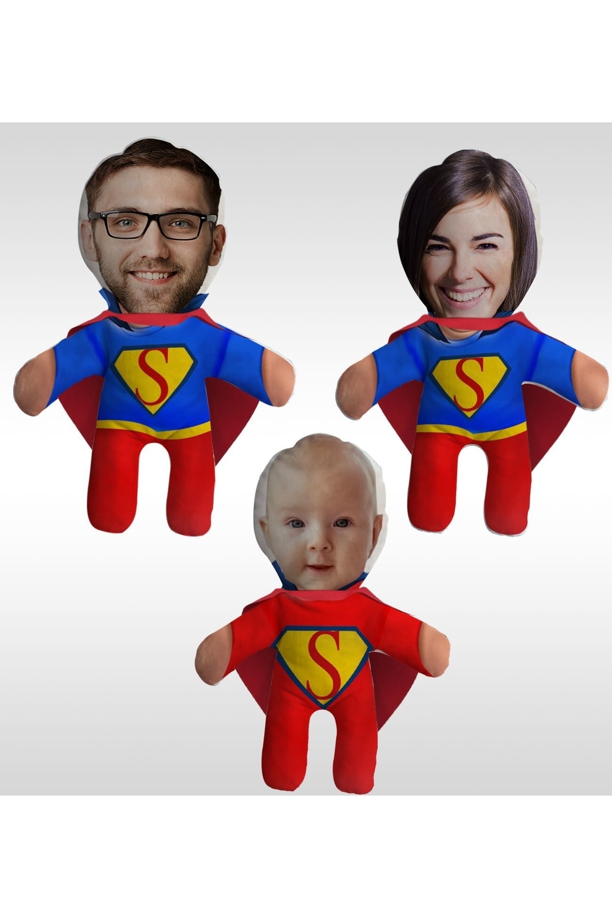 Bk Gift Özel Fotoğraflı Pelerinli 3’lü Süper Kahraman Aile Bebek Yastık Seti