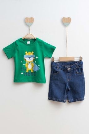 Çocuk Kot Şort T-shirt Erkek Alt Üst Takım Hero - Çimen Yeşili KR-MK-1311-004