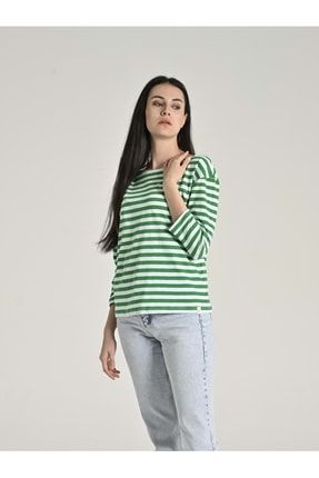 Kadın Çizgili Sıfır Yaka Pamuklu Tişört Yeşil SIA-10