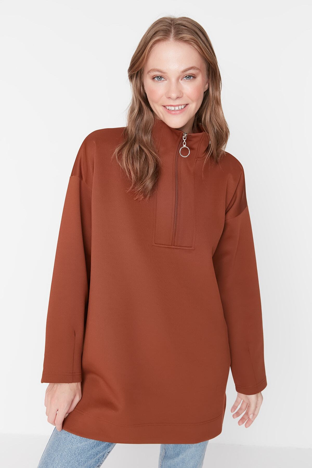 Trendyol Modest-Oversize καφέ φούτερ Scuba - Λεπτομέρειες με φερμουάρ, γιακάς δύτη TCTAW23TW00198 2