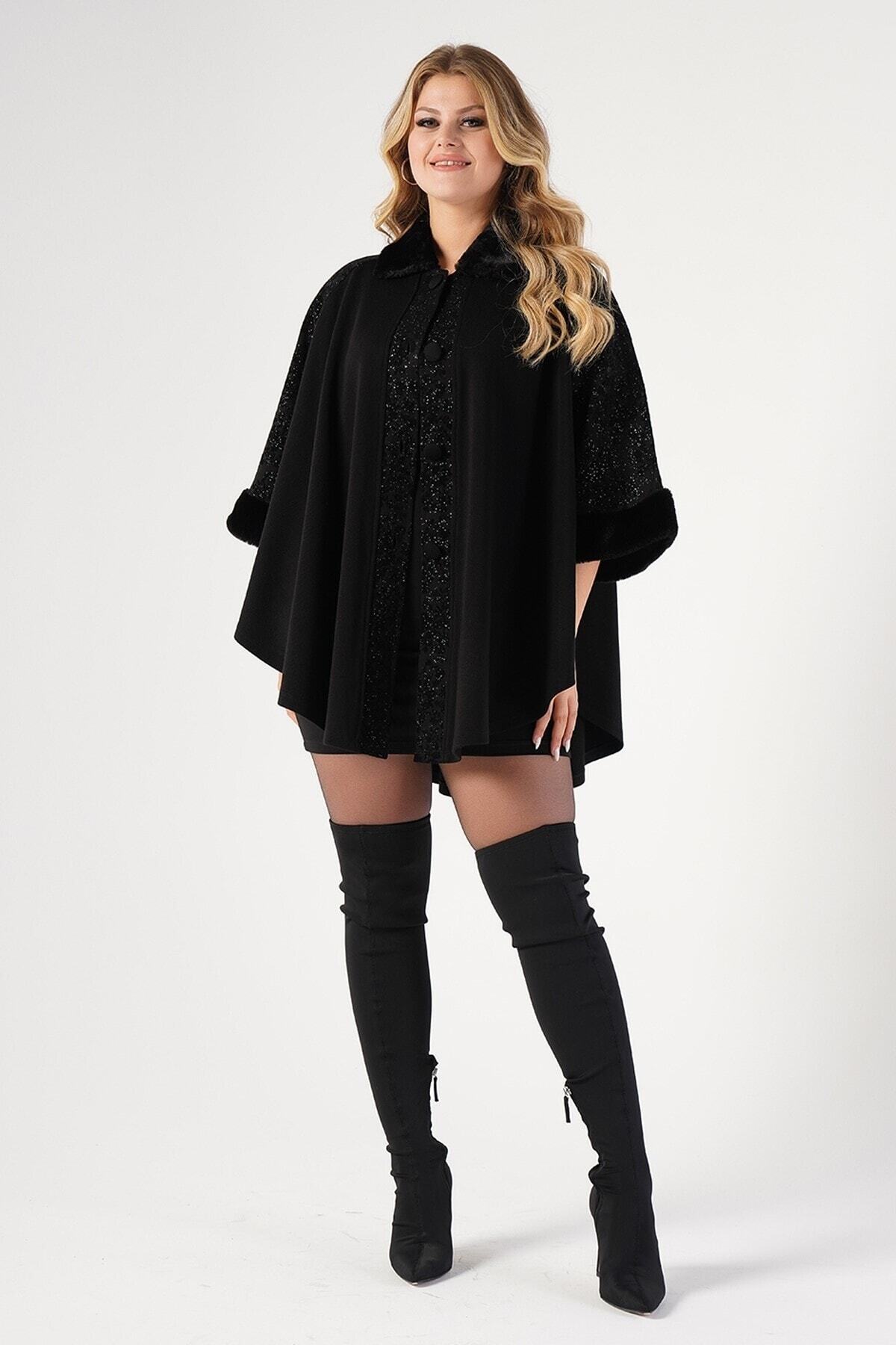 Large Size Stone Printed Furry Black Poncho U/8082