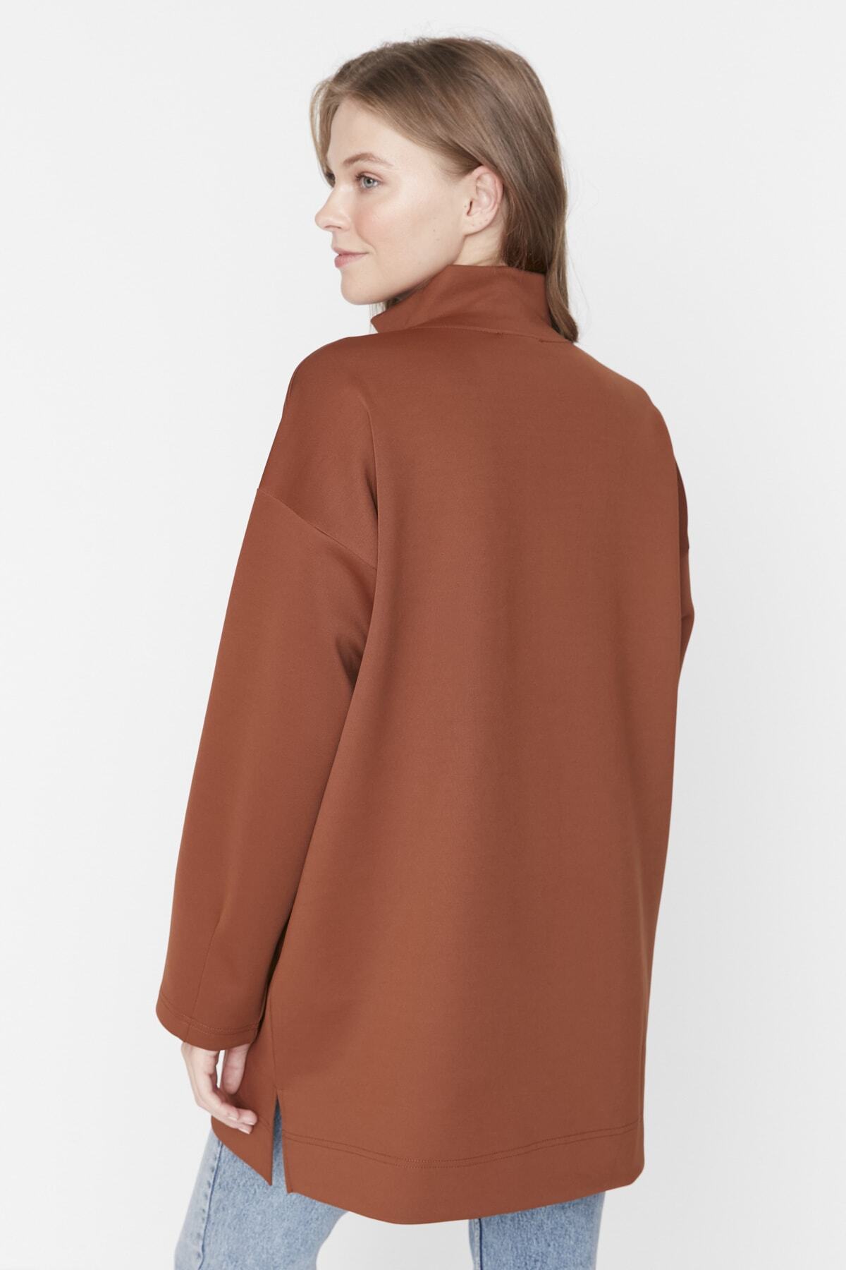 Trendyol Modest-Oversize καφέ φούτερ Scuba - Λεπτομέρειες με φερμουάρ, γιακάς δύτη TCTAW23TW00198 5