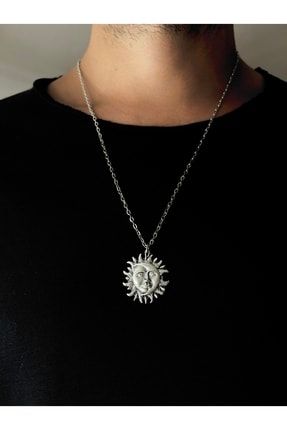 Güneş Ev Ay Erkek Kadın Kolye Antik Gümüş Kaplama - 60 Cm Düz Zincir 1016