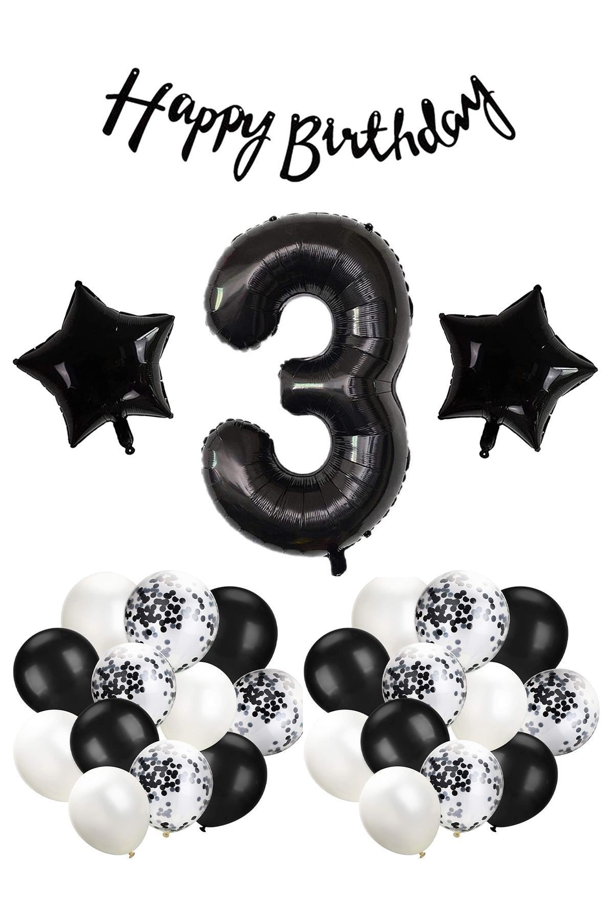 Patladı Gitti Siyah Konsept 3 Yaş Doğum Günü Kutlama Seti; Beyaz Siyah Konfetili Balon, Rakam Yıldız Folyo Ve Bann
