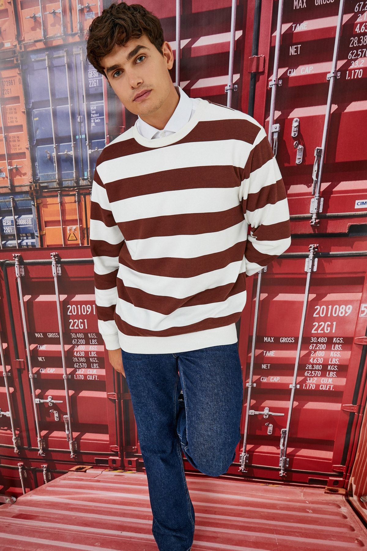 Koton Men s Brown Striped Sweatshirt 3WAM70389MK Trendyol