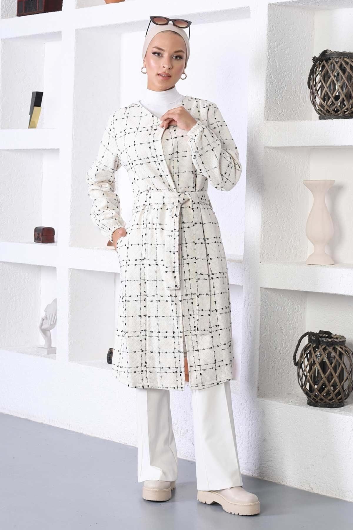 Modamihram-White Stamp Coat - Belted, MİH10768 3