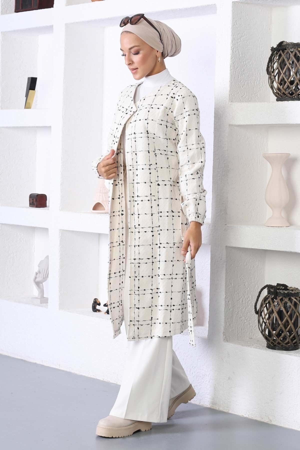 Modamihram-White Stamp Coat - Belted, MİH10768 4