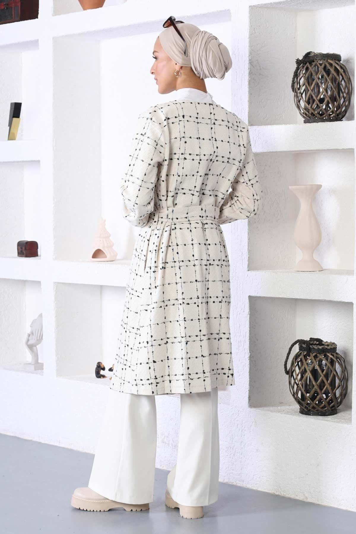 Modamihram-White Stamp Coat - Belted, MİH10768 5