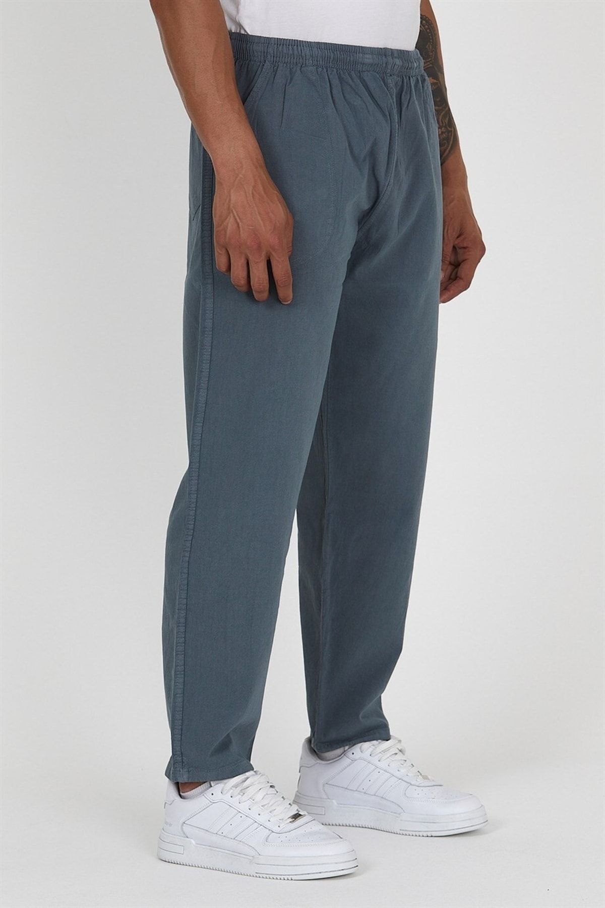 Dechers-Large Size Thin Summer Elastic Waist Linen Look 100% Cotton Trousers 3