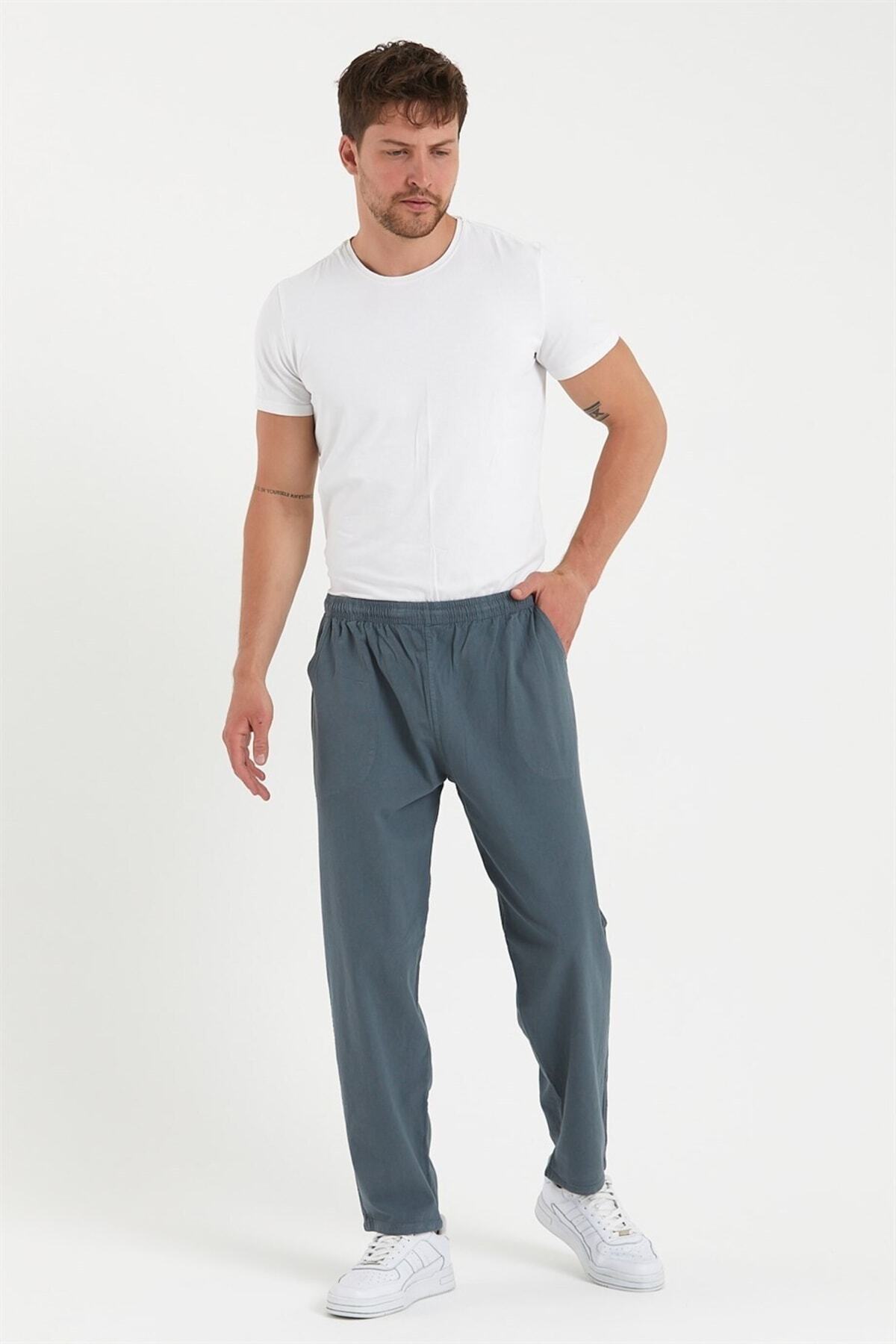 Dechers-Large Size Thin Summer Elastic Waist Linen Look 100% Cotton Trousers 5