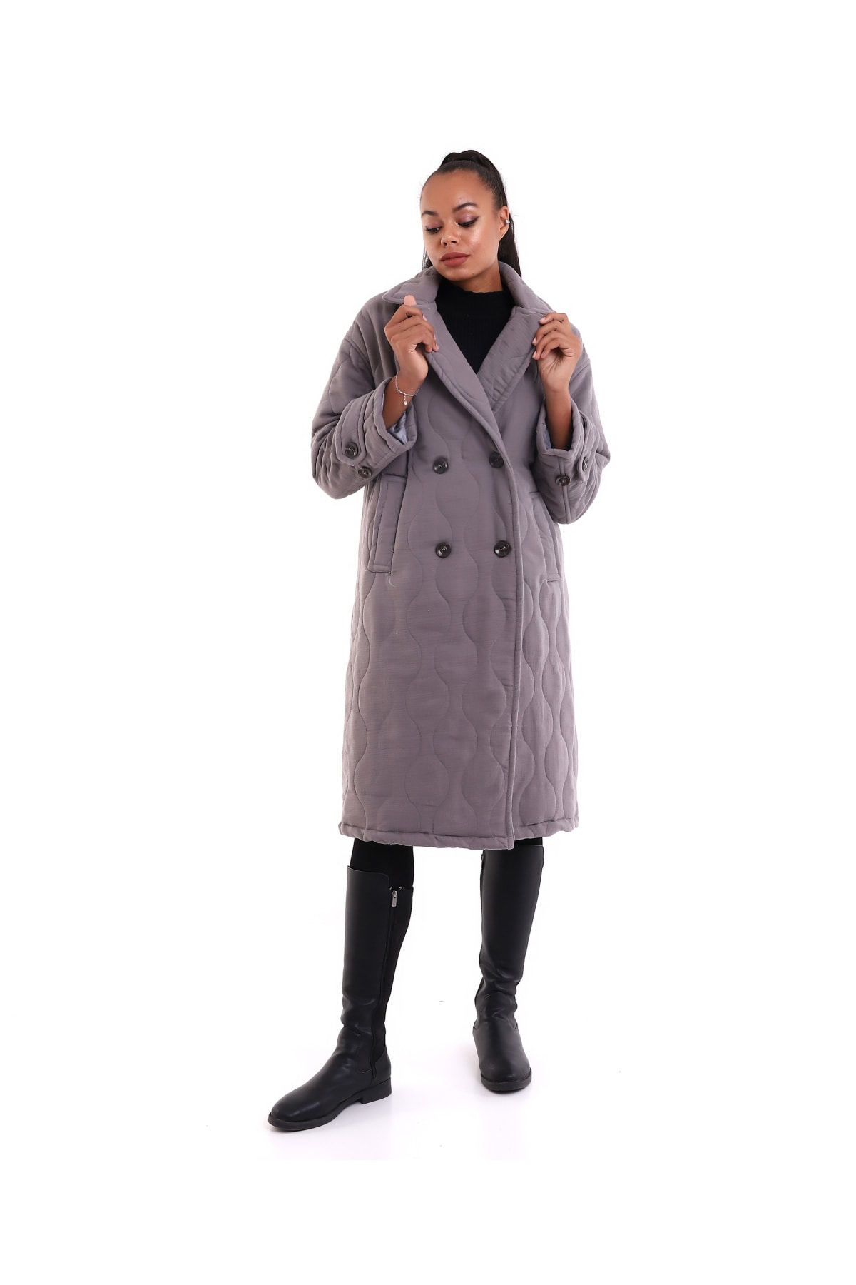 HANIQA  Kadın Gri Dokuma Kaban 1079 - Görsel 5