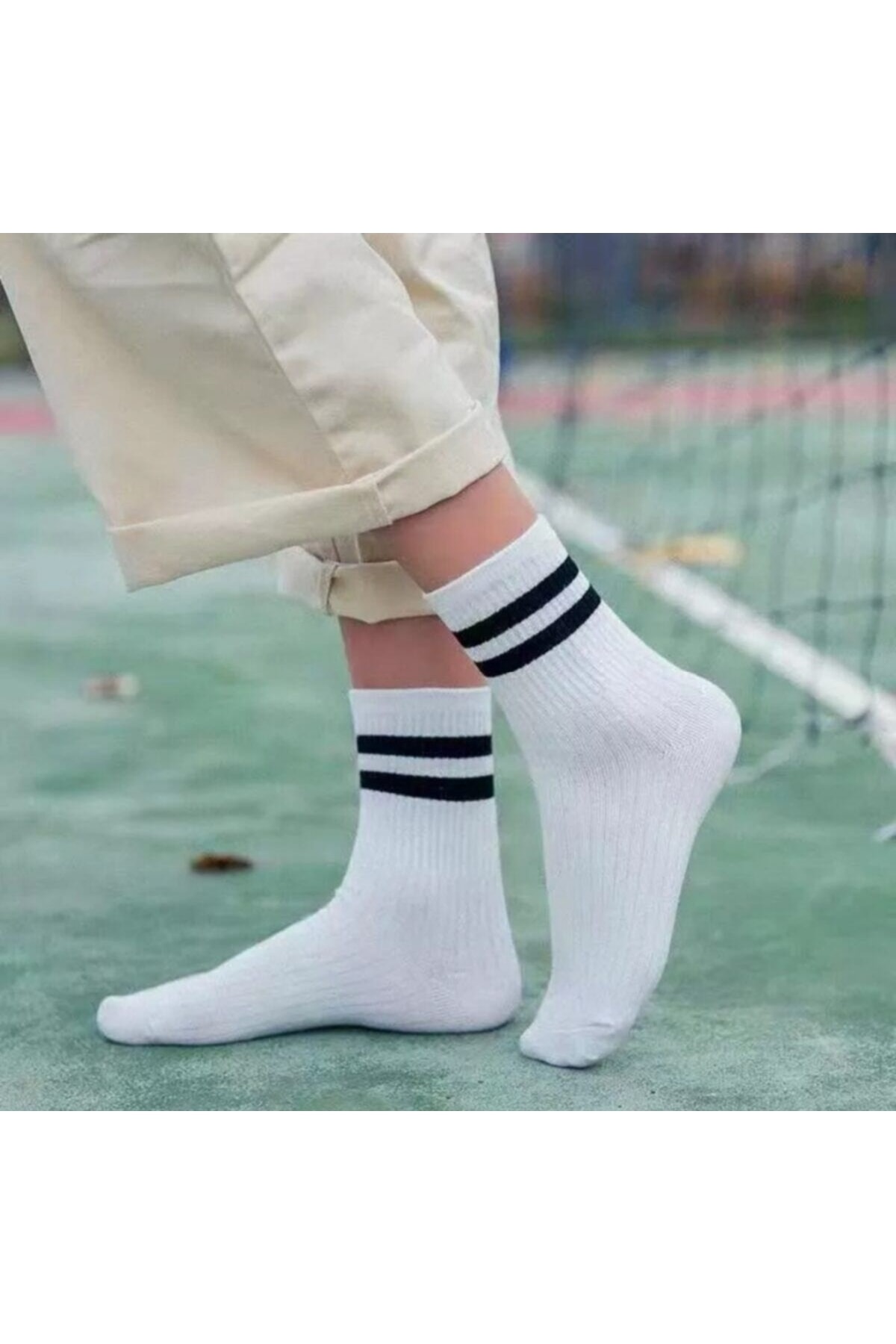 mcy butik Mcy 3'lü Unisex Siyah Çizgili Pamuklu Tenis Kolej Çorap